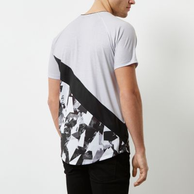 Grey abstract print panel slim fit T-shirt